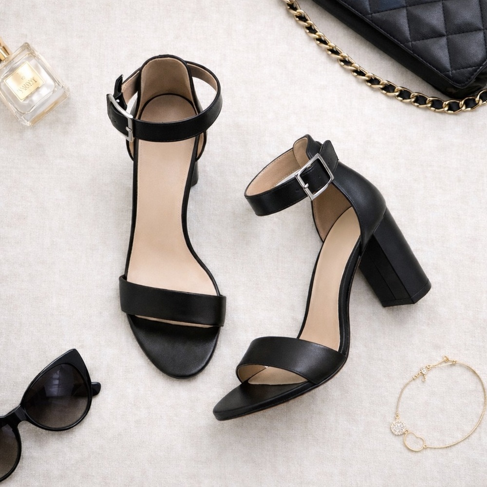 Nine West Lenora Black Leather Minimalist Block Heel Sandals 9M